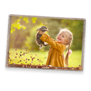 Personalisierter Schüttelrahmen mit Glitzer in Rosé Gold und frühlingshaftem Foto.