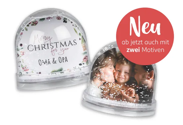 Gestaltet eure personalisierte Schneekugel in der ROSSMANN Fotowelt. Wählt zwischen klassischem Schnee, wunderbarem Glitzer oder roten Herzen.