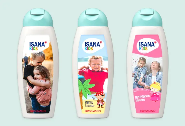 Drei Flaschen ISANA Kids Shampoo mit unterschiedlichen Designs für Kinder, liebevoll gestaltet mit bunten Motiven.