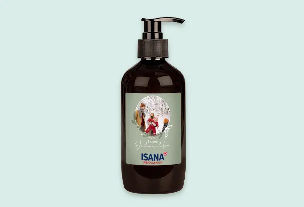 Brauner Pumpspender ISANA Aromaseife Orange & Sandelholz, ansprechend gestaltet mit einem Foto und Designvorlage.
