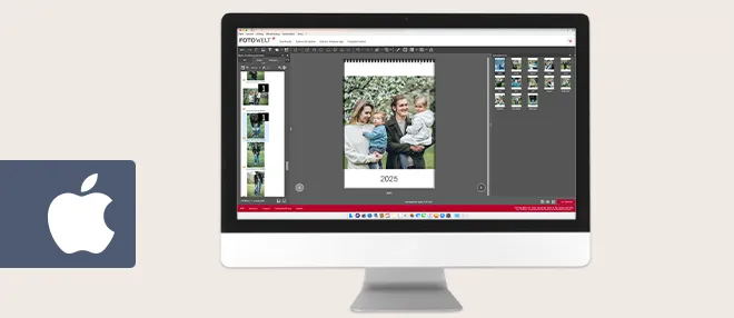 Eine Fotosoftware auf einem Mac zeigt die Erstellung eines Fotokalenders mit individuellen Bildern und einem modernen Design.