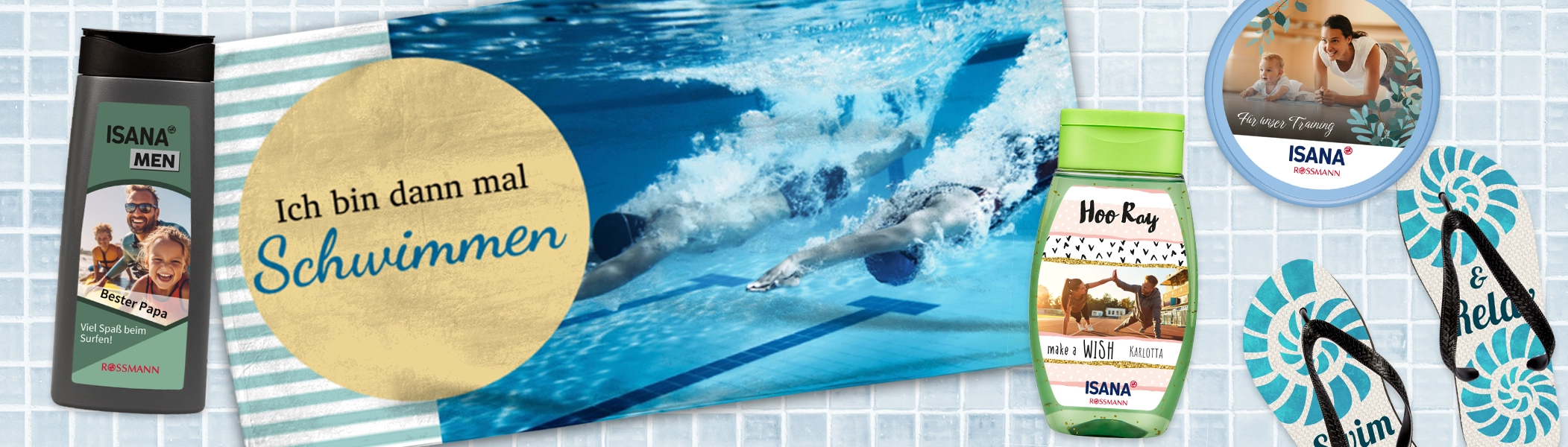 Jetzt Fotoprodukte für Schwimmer gestalten – ideal als Geschenk oder für den Verein Personalisierte Sportprodukte zum Schwimmen: Handtuch, Flip-Flops und Duschgel mit eigenem Foto