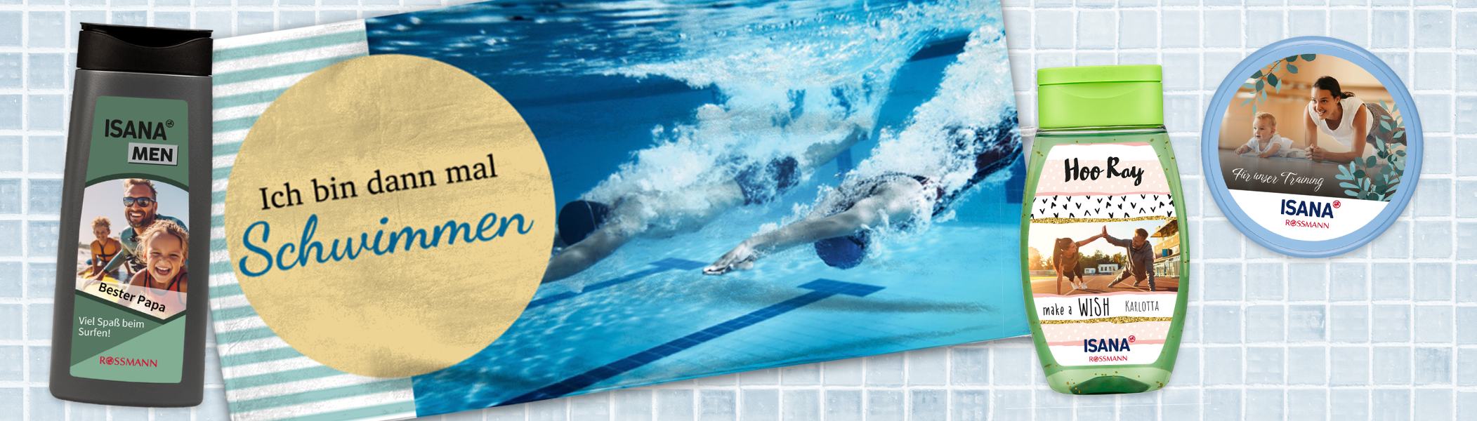 Jetzt Fotoprodukte für Schwimmer gestalten – ideal als Geschenk oder für den Verein Personalisierte Sportprodukte zum Schwimmen: Handtuch, Flip-Flops und Duschgel mit eigenem Foto