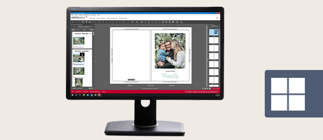 Auf einem Windows-PC wird eine Fotobuch-Software gezeigt, die die Fotobuch-Gestaltung mit Bildern und Texten ermöglicht.