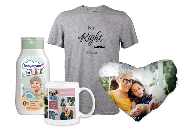 Gestaltet kreative Geschenke mit Fotos, wie diese Tasse, Textilien oder Pflegeprodukte, und bereitet euren Liebsten eine Freude.