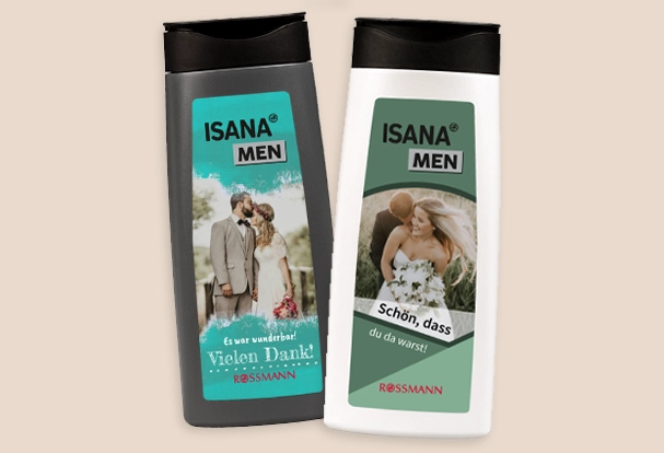 ISANA Men Duschgel in zwei Düften mit individuellem Etikett als Fotogeschenke Hochzeit – perfekt für den Morgen nach der Feier.