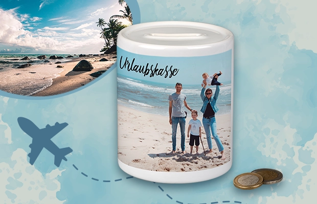 Keramik-Spardose mit Urlaubsfoto-Motiv auf blauem Untergrund