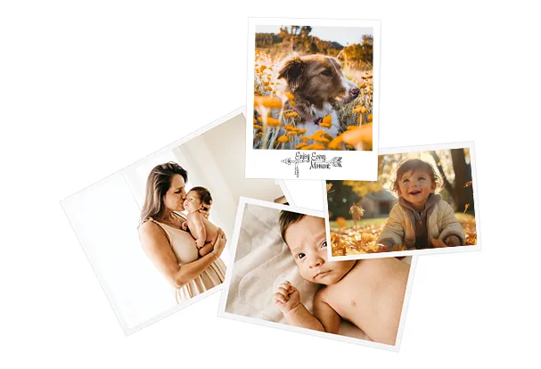 Abgebildet sind mehrere entwickelte Fotos mit persönlichen Momenten. Bestellt eure Fotoabzüge für Alben oder Geschenke.