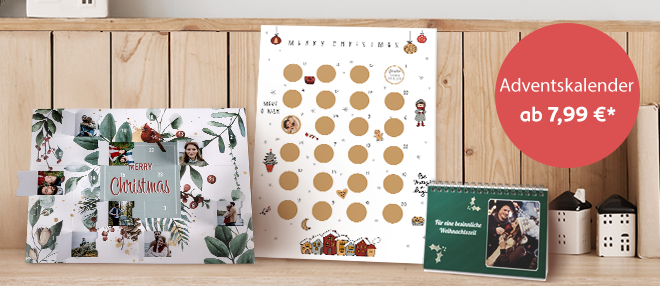Liebevoll gestaltete Adventskalender zum täglichen Öffnen, Rubbeln oder Umblättern auf einem Holzregal.