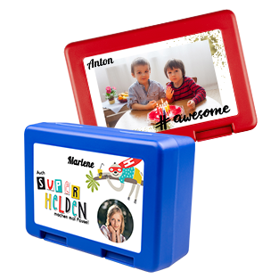 Bunte Brotdosen mit individualisierbarem Design und Foto.