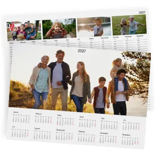 Posterkalender 2027 mit Familienfotos und Jahresübersicht auf einer Seite