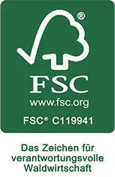 Nachhaltige Geschenkideen mit FSC-zertifizierten Produkten Diese Grafik zeigt das FSC-Logo, das für nachhaltige Geschenkideen aus verantwortungsvoller Waldwirtschaft steht.