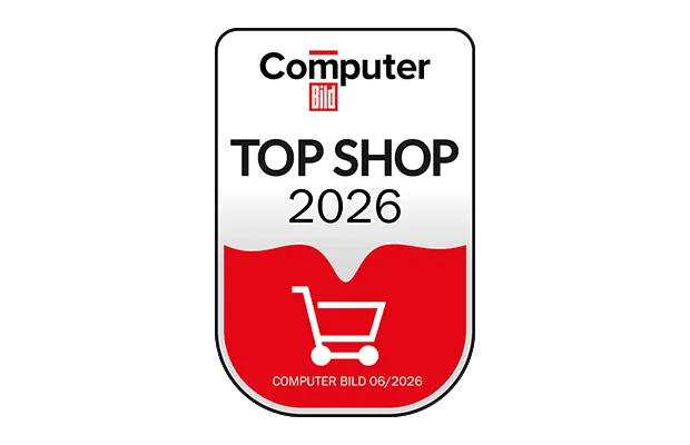 Das offizielle Top Shop 2026 Siegel von Computer Bild mit Einkaufswagensymbol und dem Veröffentlichungsdatum 08/2026.