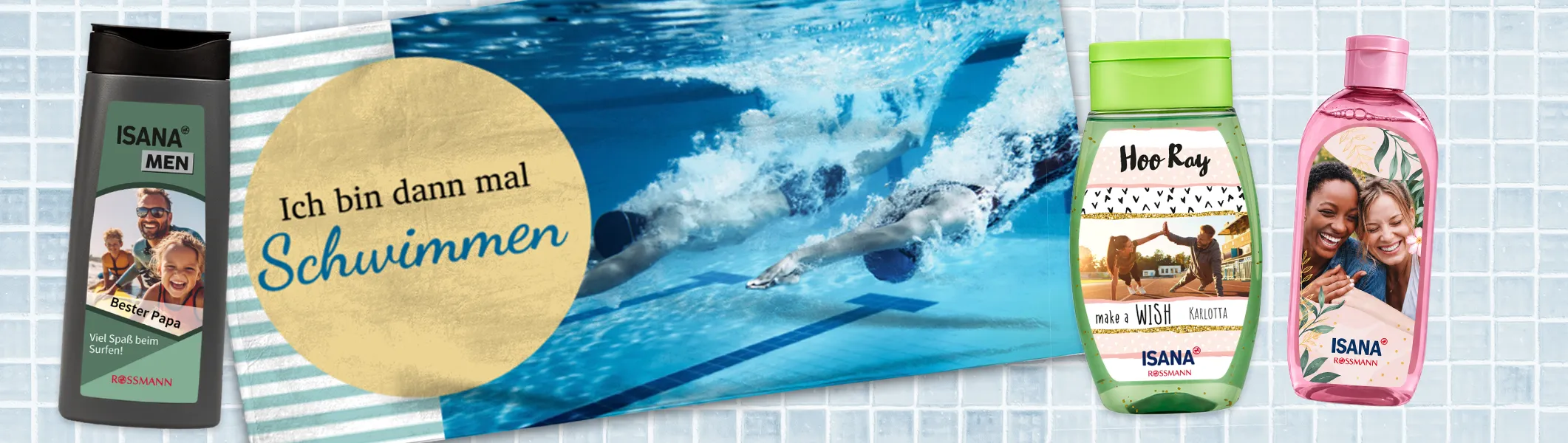 Jetzt Fotoprodukte für Schwimmer gestalten – ideal als Geschenk oder für den Verein Personalisierte Sportprodukte zum Schwimmen: Handtuch und Duschgel mit eigenem Foto
