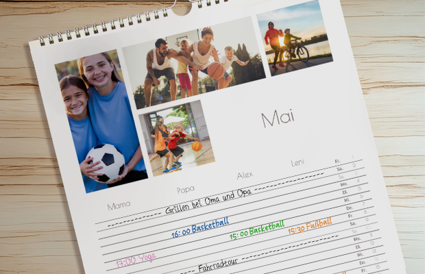 Gestaltet euren eigenen Sport-Familienkalender mit persönlichen Fotos Personalisierter Familienkalender mit Fotos vom Basketball- und Fußballtraining