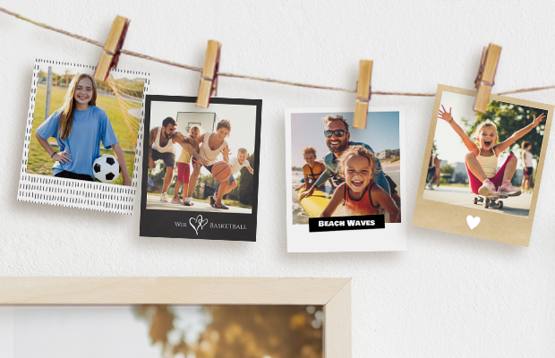 Kreiere eure individuelle Wimpelkette mit sportlichen Schnappschüssen Personalisierte Wimpelkette mit Sportfotos – Skateboard, Basketball und Strandurlaub