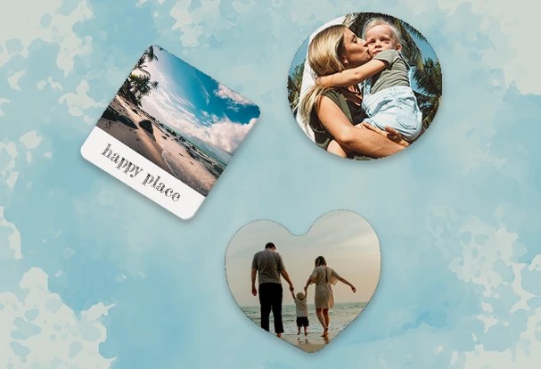 Fotomagnete ganz einfach mit Urlaubsfotos gestalten – kreatives Urlaubsgeschenk 4 Fotomagnete - Herz, Kreis, Quadrat und quadratisch aus Holz - gestaltet mit Foto und Text
