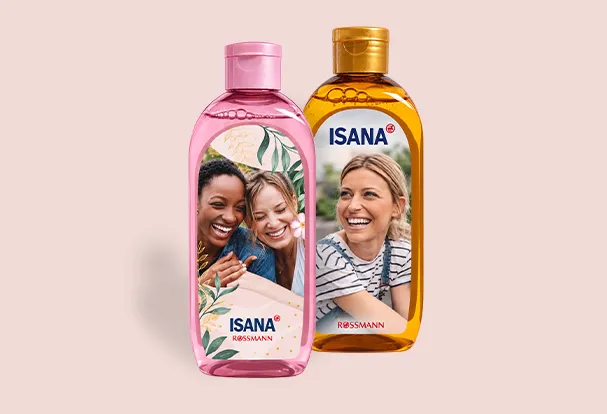 Zwei ISANA Duschgele mit personalisierten Fotoetiketten
