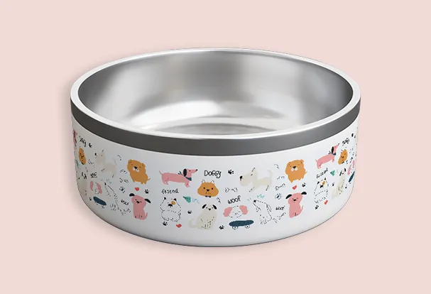 Personalisierter Hundenapf aus Edelstahl mit bunten Hundeillustrationen