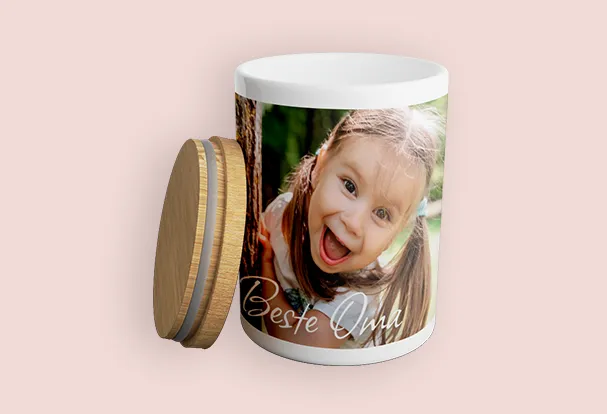 Personalisierte Keksdose aus Keramik mit Kinderfoto und Bambusdeckel