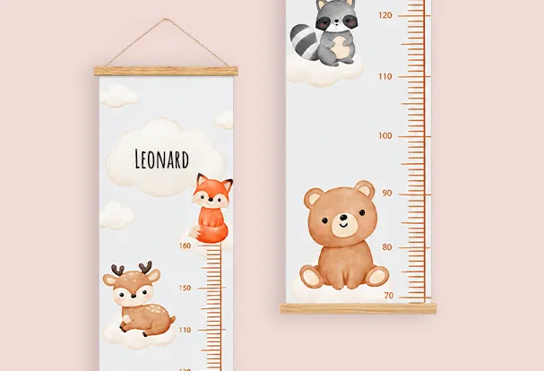 Personalisierte Kindermesslatte mit Namen Leonard und niedlichen Tiermotiven