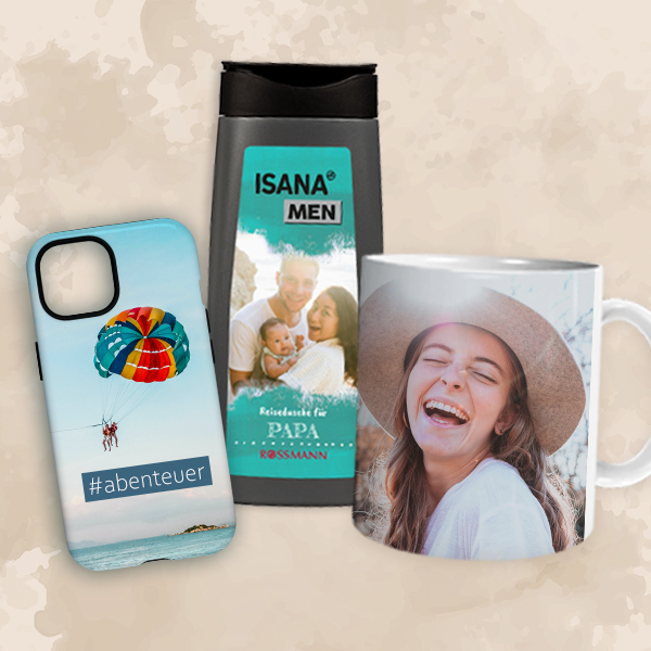 Fotogeschenke gestalten Personalisierte Fotogeschenke wie Handyhülle, Tasse und Duschgel mit eigenem Foto
