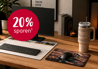 Mousepad und Schreibtischunterlage mit eigenen Fotos sowie XXL Thermobecher
