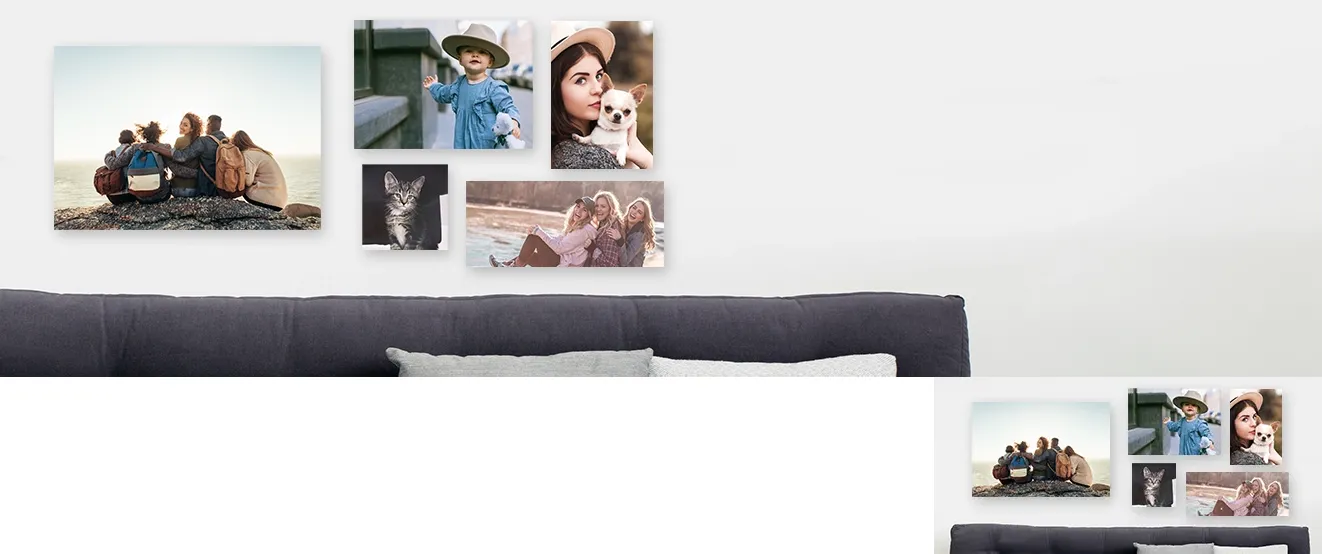 Mehrere an der Wand hängende Fotos auf leichtem Forex, für einen spannenden Collagen-Effekt.