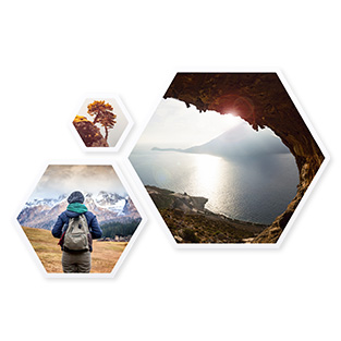 Hexagonale Fotokacheln mit individuellem Motiv, flexibel arrangierbar für eine einzigartige Bilderwand.