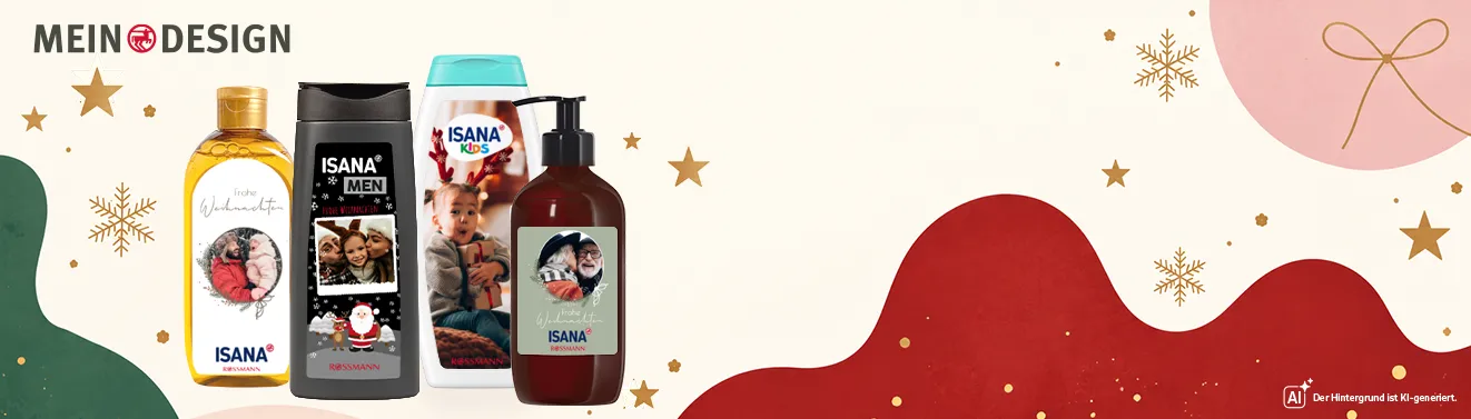 ISANA Pflegeprodukte mit eigenen Fotos gestalten – persönliche Geschenkideen zu Weihnachten Vier personalisierte ISANA Pflegeprodukte mit eigenen Fotos und weihnachtlichen Motiven vor festlichem Hintergrund