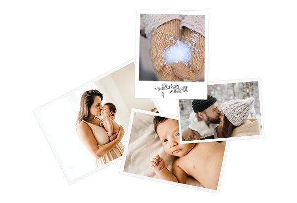 Fotos bestellen und entwickeln lassen – persönliche Erinnerungen als Fotoabzüge Mehrere Fotoabzüge mit weißen Rändern und persönlichen Familien-, Baby- und Winterfotos