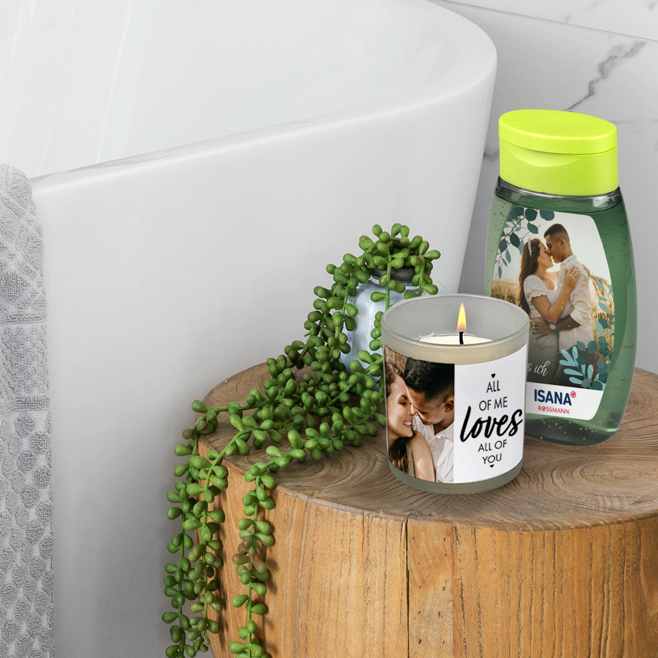 Eine personalisierte Kerze mit romantischem Foto und liebevollem Design, perfekt als Geschenk für einen entspannten Spa-Moment.
