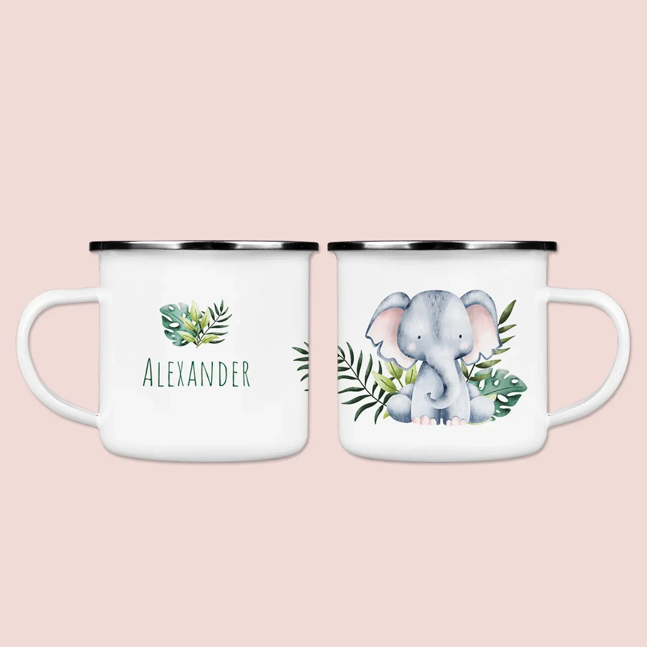 Eine pastellfarbene Emaille-Tasse, bedruckt mit einem Namen und Elefantenmotiv, perfekt zum individuellen Gestalten.