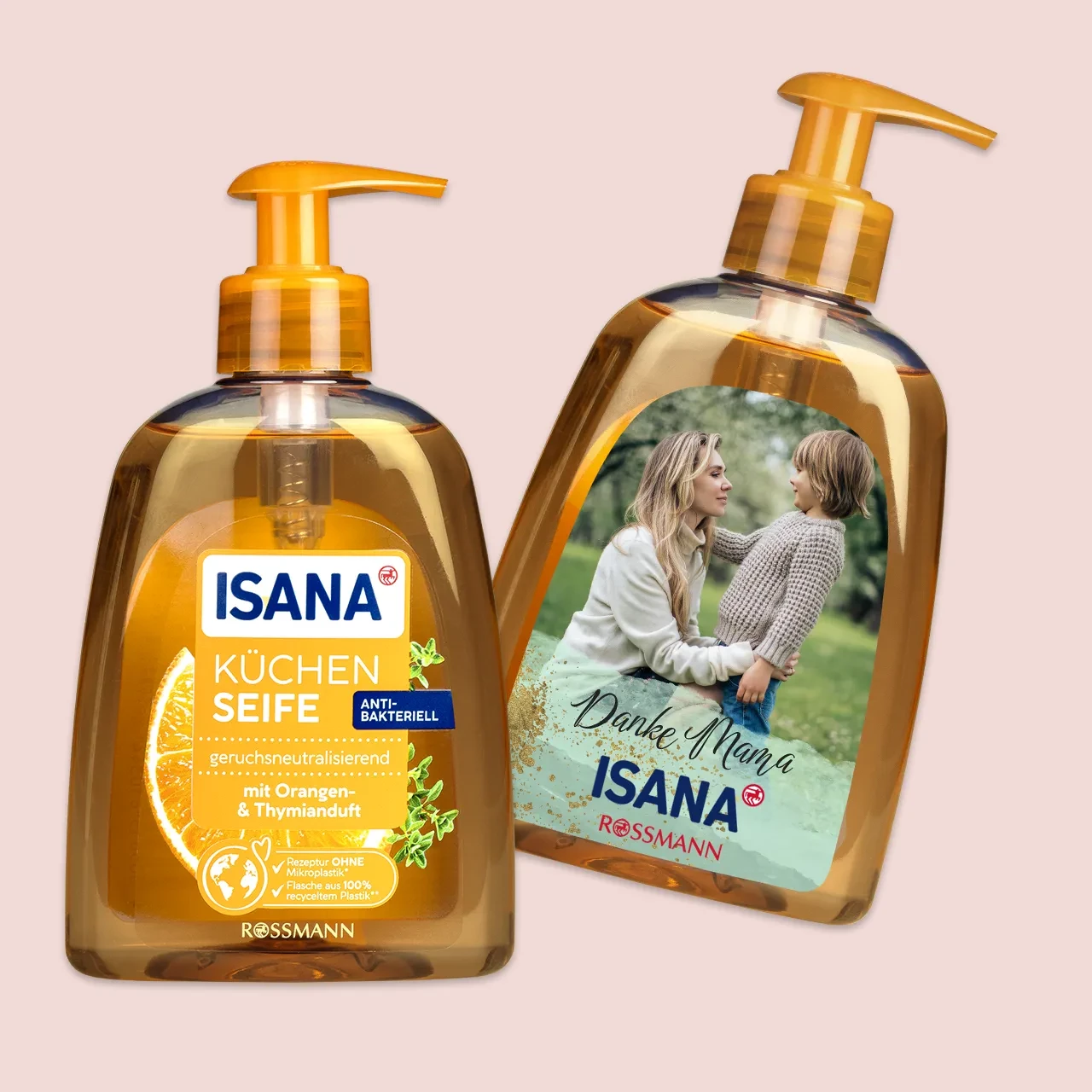 Zwei ISANA Küchenseifen, eine mit Standard-Etikett und die andere mit einer personalisierten Aufschrift ‚Danke Mama‘ und Foto.