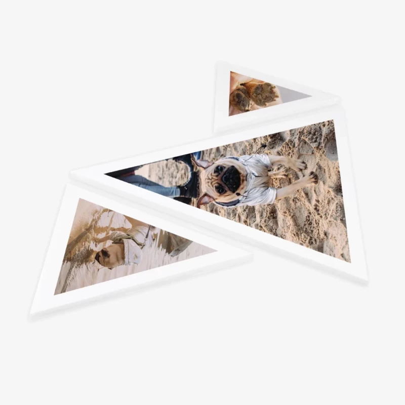 Unsere Fotokacheln gibt es nicht nur als Hexagon Bilder, sondern auch als Dreiecke. So könnt ihr eine kreative Wanddekoration mit euren Lieblingsbildern gestalten.