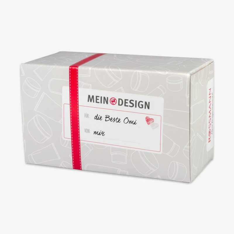 Eine Geschenkbox mit der Aufschrift ‚Mein Design‘ für die Küchenseife mit eigenem Bild, ideal als individuelle Überraschung.
