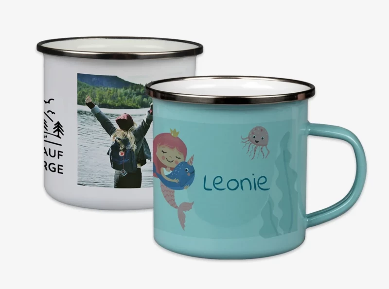 Individuelle Fototassen-Emaille mit Namen, Cliparts, Foto und kreativem Design, ideal zum Verschenken oder selbst Behalten.