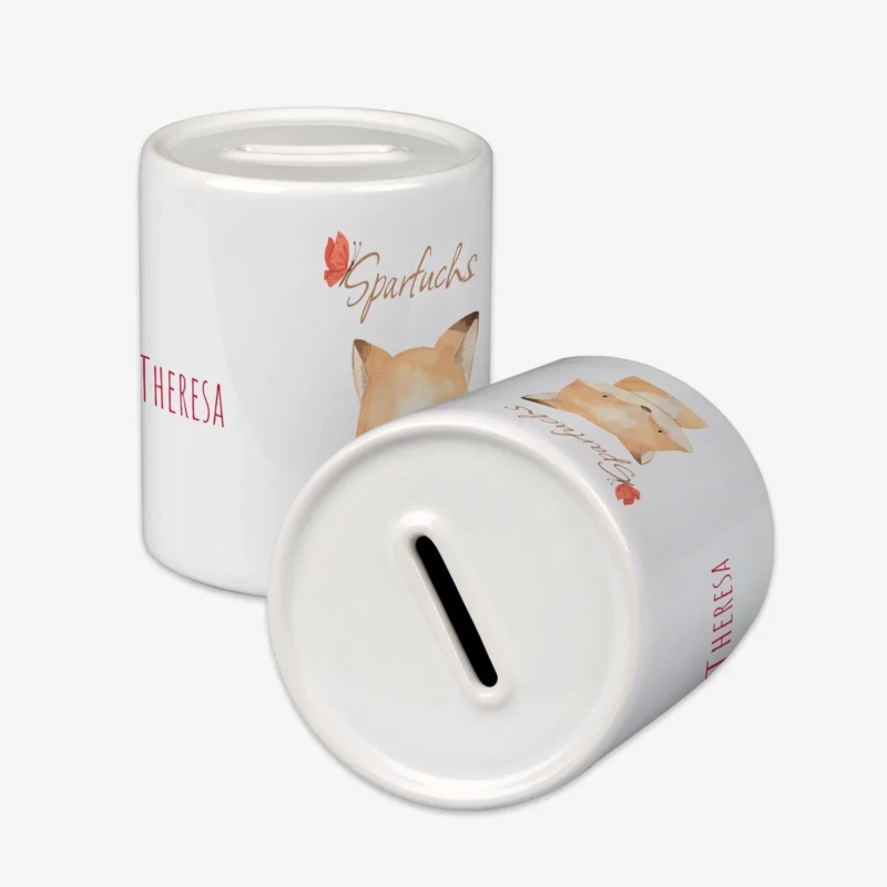 Die Spardose mit Namen und süßem Sparfuchs-Motiv ist perfekt für Kinder oder als Geschenk. Jetzt mit eigenem Design gestalten!