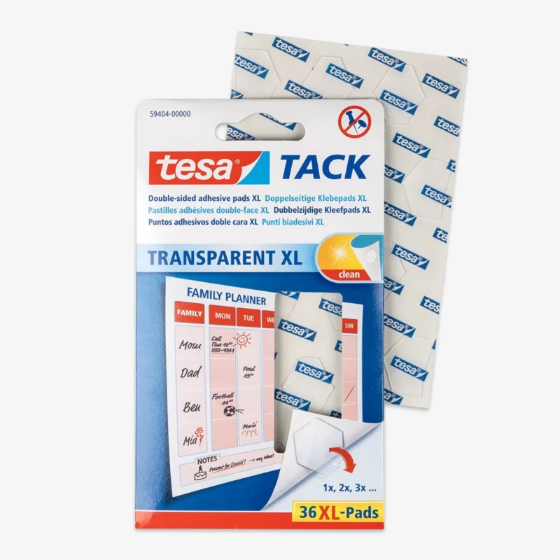 tesa® Tack Transparent XL mit einer Vorschau der enthaltenen 36 dünnen, transparenten Klebepads.