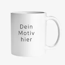Weiße Tasse mit matter Oberfläche und schwarzem Text 'Dein Motiv hier'.