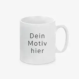 Weiße leere Tasse mit schwarzem Text 'Dein Motiv hier'. 