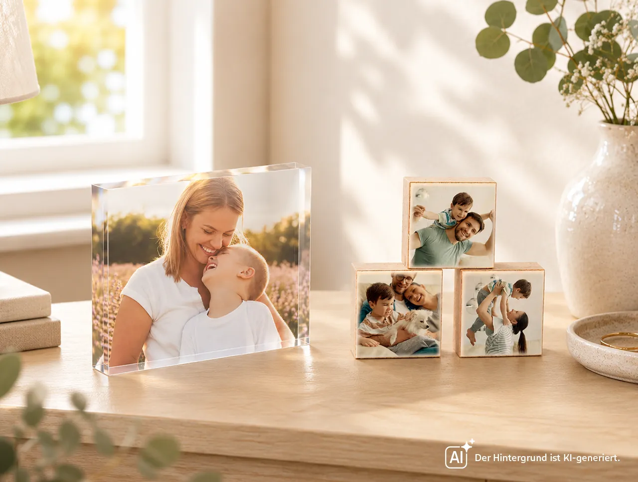 Fotoaufsteller selbst gestalten und Lieblingsmomente in Szene setzen Fotoaufsteller aus Acryl und Holz mit Familienfotos als dekorative Erinnerung