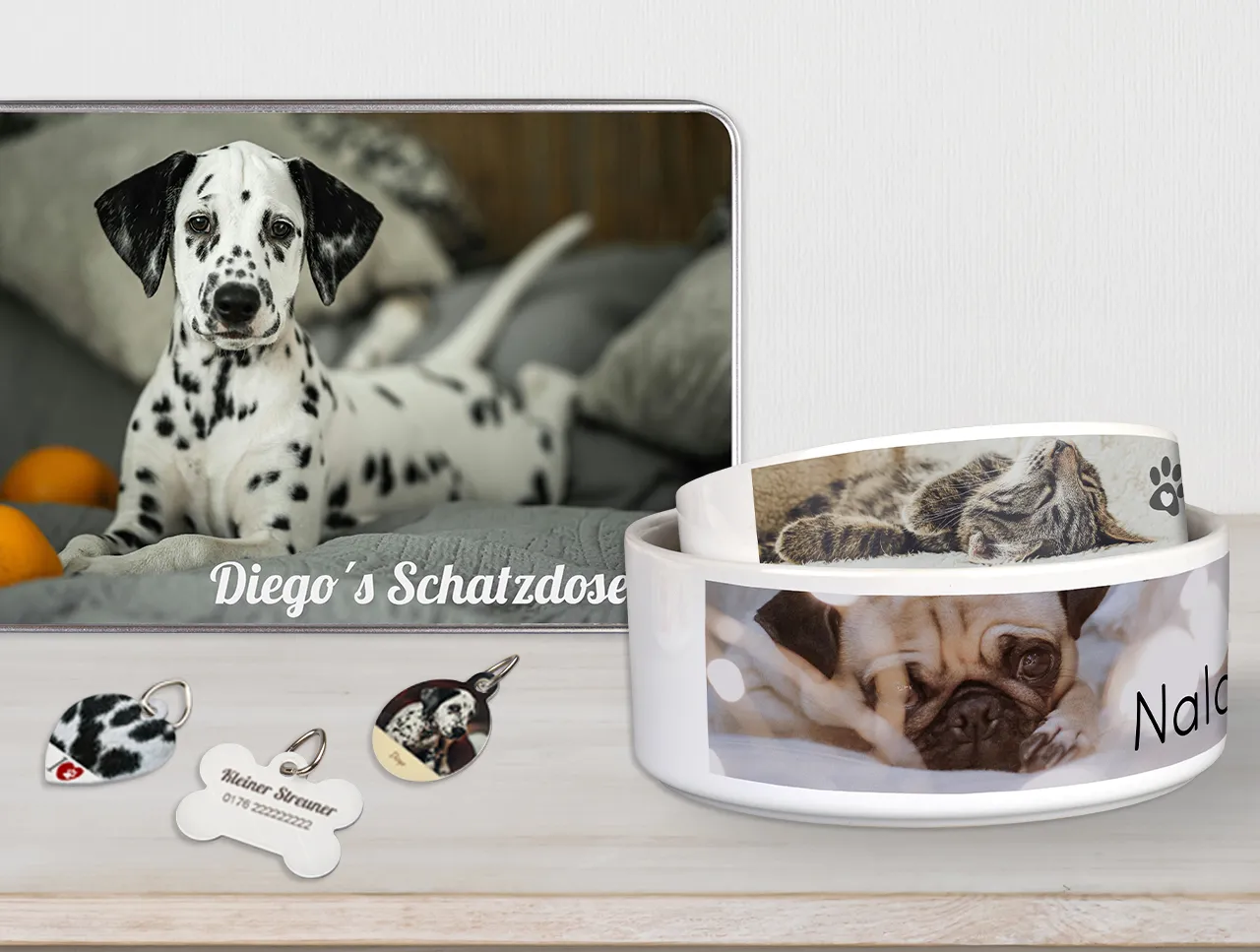 Schöne Geschenke für Hundebesitzer und Katzenliebhaber Hier findet ihr Geschenke für Haustiere, die ihr individuell mit den Fotos eurer Lieblinge gestalten könnt. Ob Futternapf oder Hundemarke, hier ist für jeden etwas dabei.