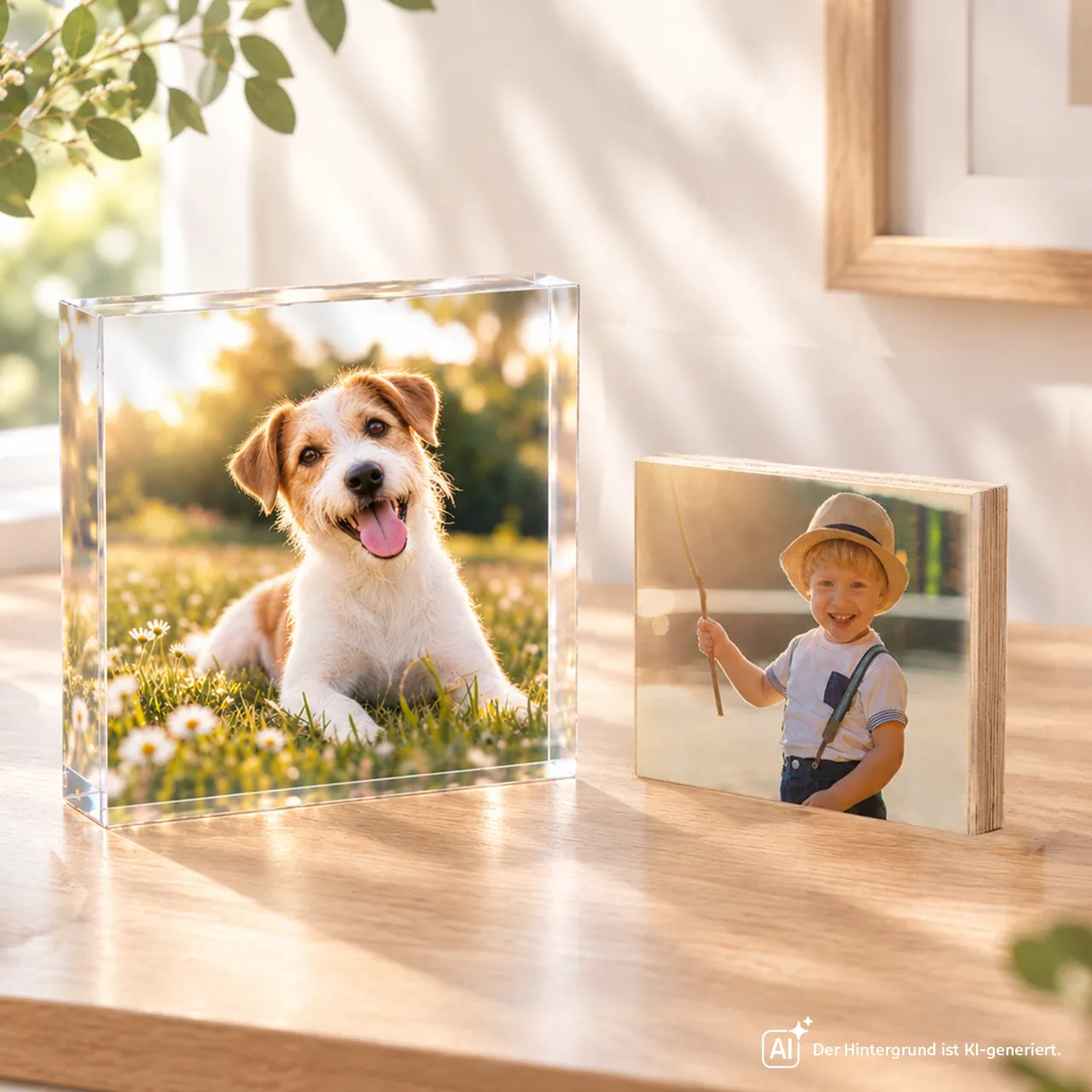 Fotoaufsteller aus Holz und Acryl mit eigenen Fotos gestalten Fotoaufsteller aus Acryl und Holz mit Hunde- und Kinderfoto auf einem Sideboard
