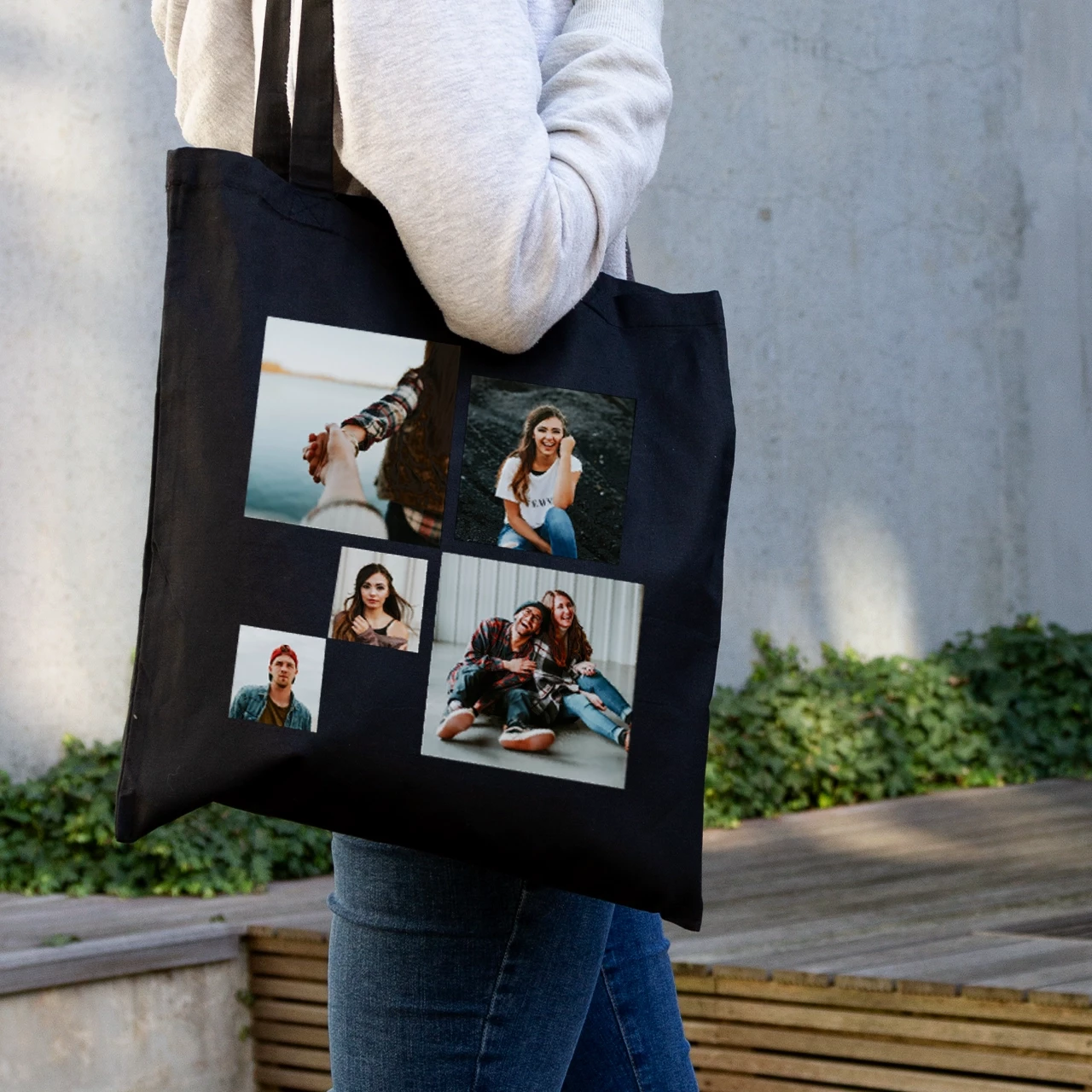 Praktische Stoffbeutel bedrucken lassen mit einer Fotocollage aus euren schönsten Bildern. In der ROSSMANN Fotowelt findet ihr auch viele schicke Designvorlagen.
