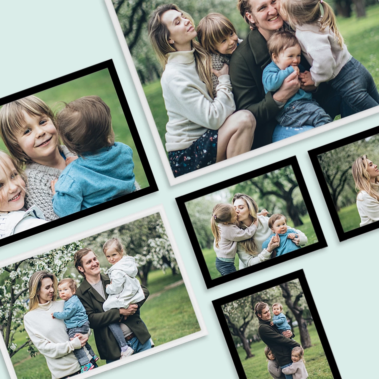 Eine Fotorahmen Collage fasst alle eure liebsten Momente in einem besonderen Zusammenspiel aus verschieden großen Rahmen und perfekten Abständen zusammen.
