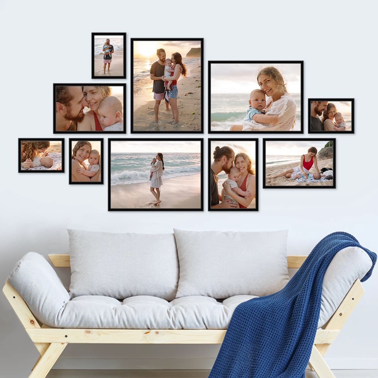 Eine Bilderrahmen Collage wertet jedes Wohnzimmer auf. Durch das Zusammenspiel der einzelnen Rahmen entsteht ein außergewöhnlich hochwertiges Gesamtbild.