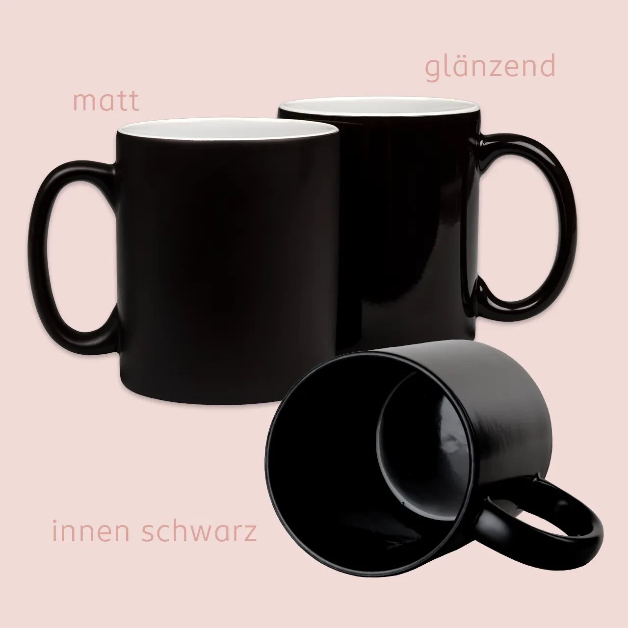 Ihr könnt eure Zaubertasse in matt oder glänzend bedrucken lassen und zwischen einem schwarzen oder weißen Inneren wählen.