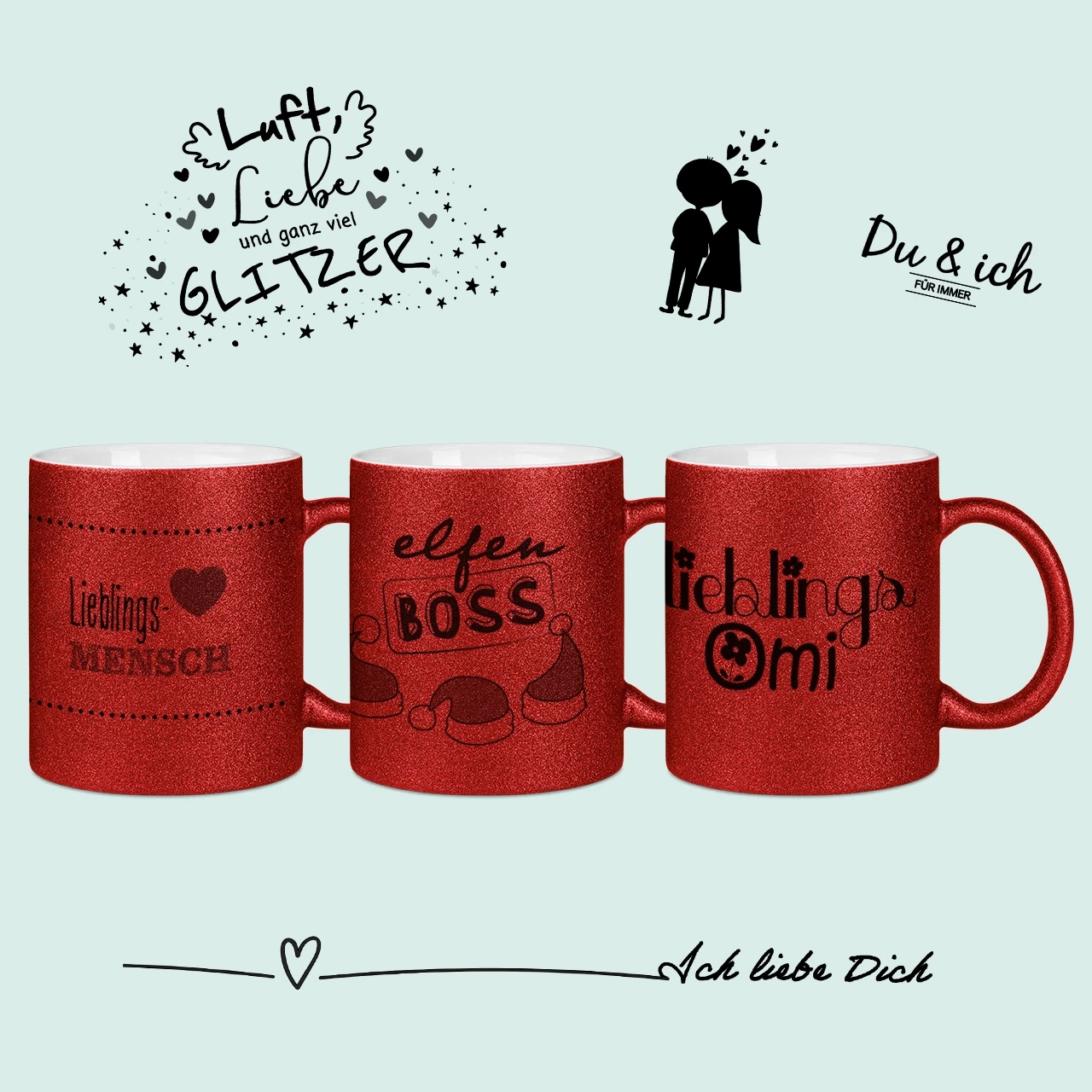 Glitzertasse bedrucken als Liebeserklärung, zum Jubiläum und für alle anderen Anlässe hier gestalten. Die Glitzertasse ist in sieben fröhlichen Farben erhältlich.