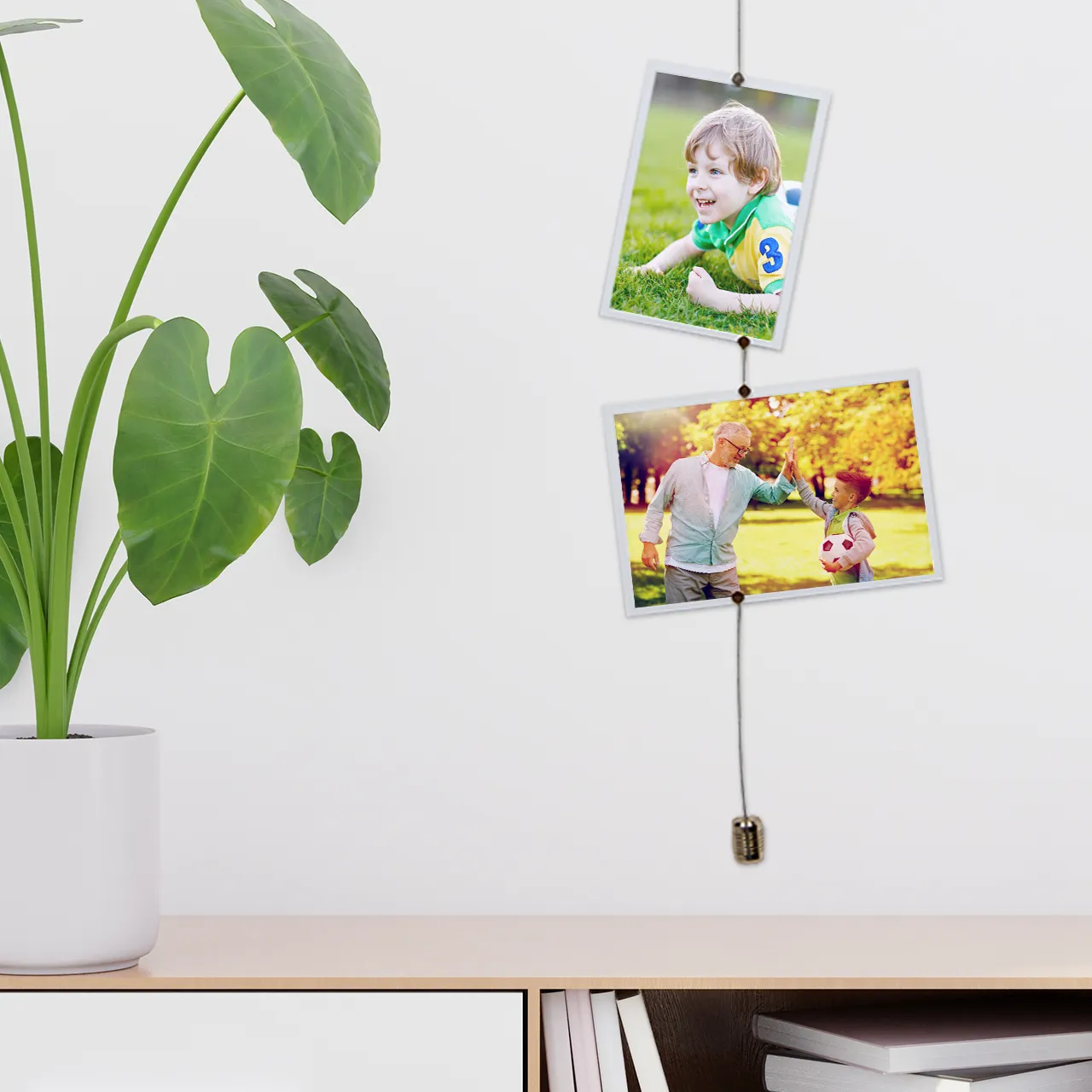 Fotodrahtseil mit mehreren Fotos, befestigt mit kleinen Magneten – flexible Fotoleine Magnet